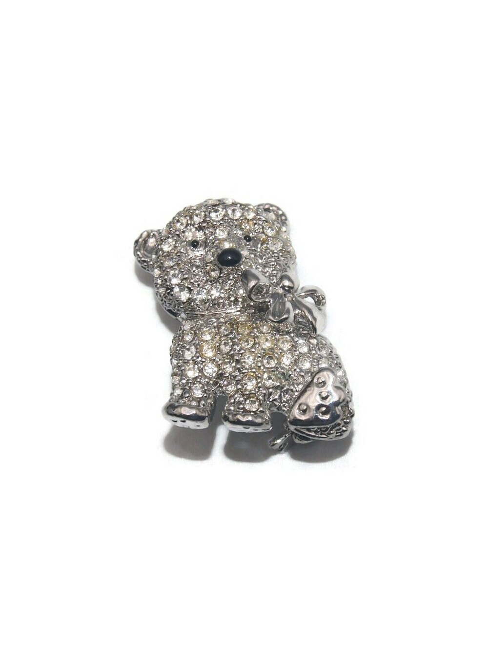 VTG Silver Tone with Clear Rhinestones & Black Enamel Teddy Bear with Bow Brooch